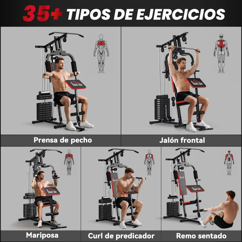 HOMCOM Máquina de Musculación con Pesas Ajustables de 65 kg Prensa de Pecho y Piernas Polea 135x103x210 cm Negro