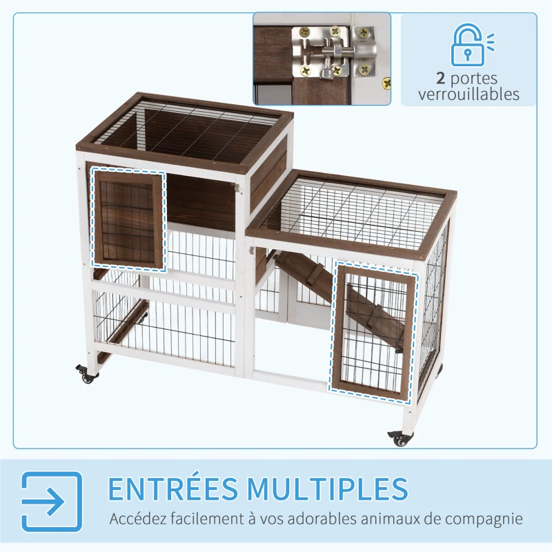 PawHut Clapier à lapin sur roulettes cage à lapin 2 étages 2 portes verrouillables 2 plateaux coulissants rampe(m-5)