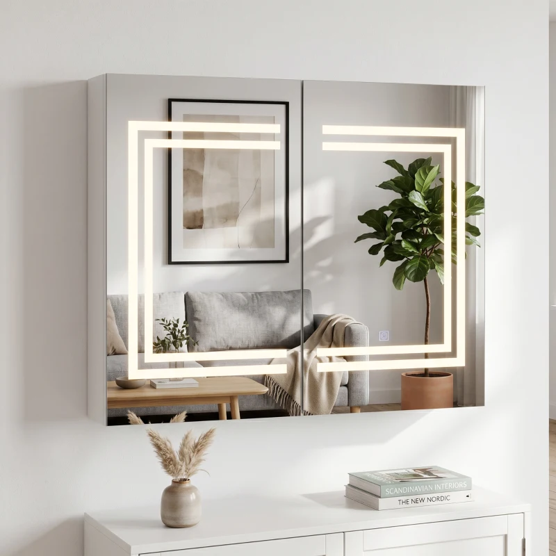 kleankin Oglindă Baie cu Dulap și LED, 80 x 65cm, Ușă Soft Close, Reglabilă pe 3 Culori, Rafturi Ajustabile, Alb Lucios