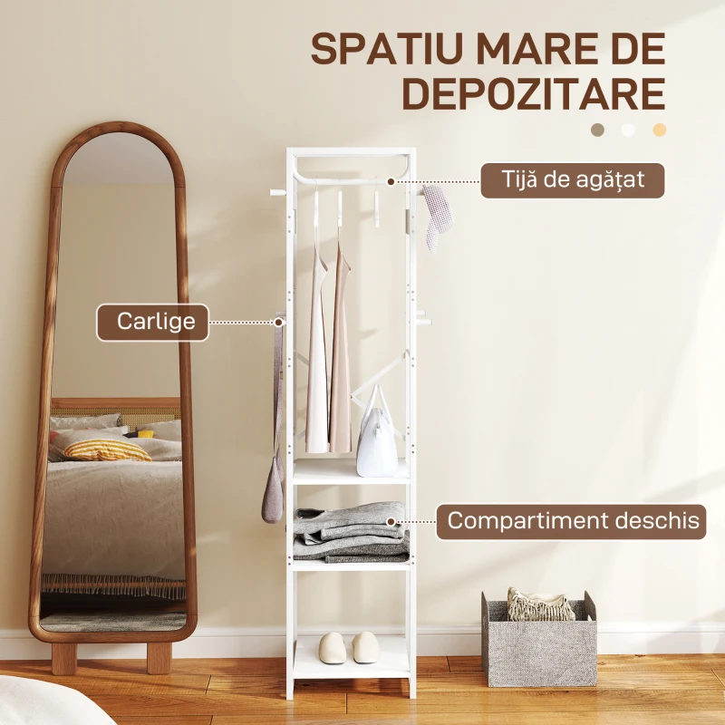 HOMCOM Cuier de Podea cu Bară și 2 Rafturi Deschise, din Lemn și Oțel, 38,5x30x170 cm, Alb și Lemn Natural