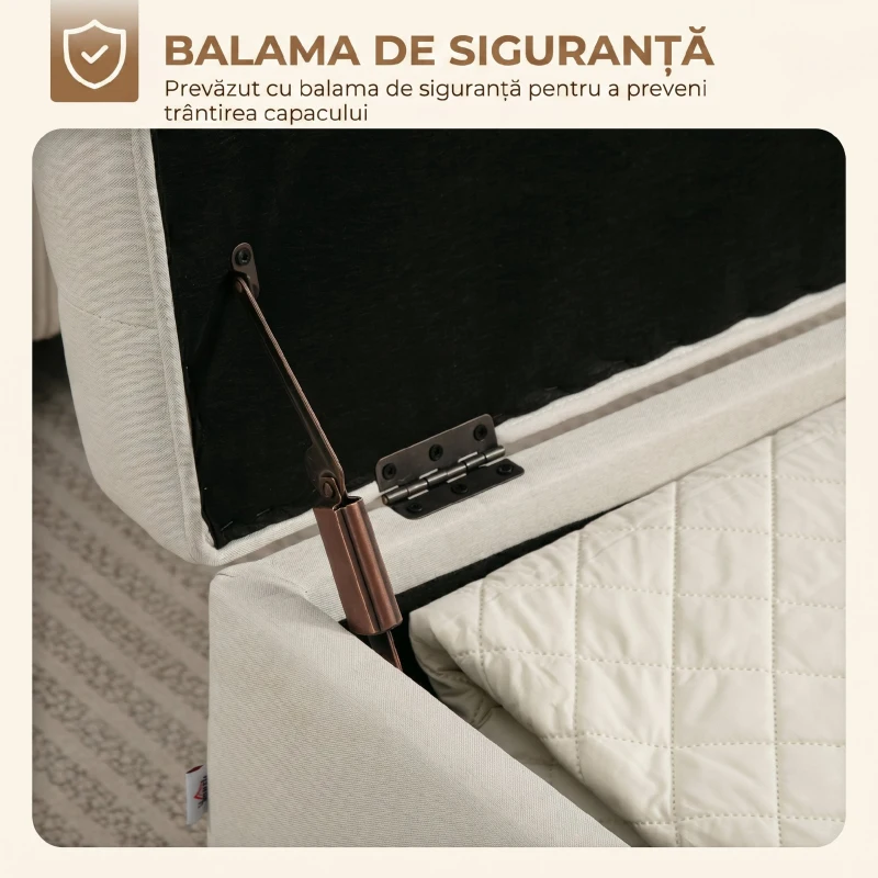 HOMCOM Bancă de Depozitare de 80L Tapițată cu Material Textil și Picioare din Lemn, 118x42x45 cm, Crem
