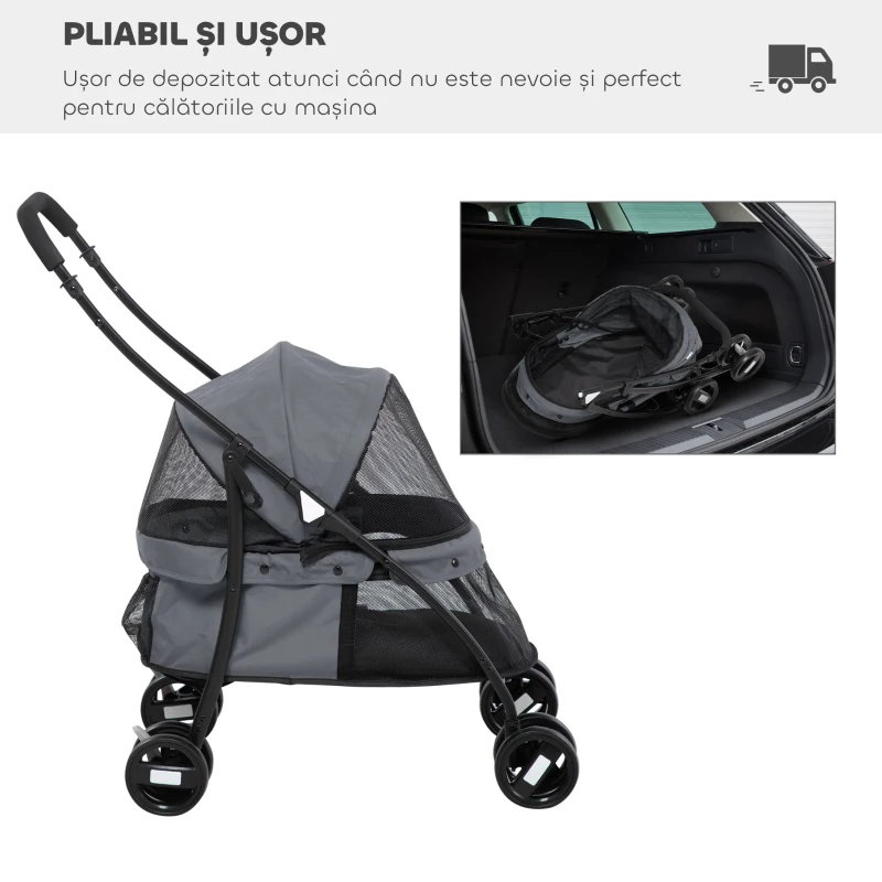 PawHut Cărucior pliabil pentru câini cu copertină reglabilă, geantă și 2 lese, 82x47x97 cm, gri și negru