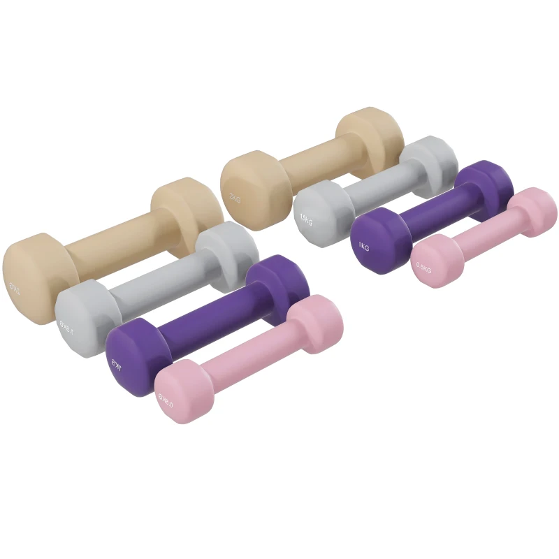 HOMCOM Conjunto de Halteres de 8 Peças 2x0,5 kg 2x1 kg 2x1,5 kg 2x2 kg Antiderrapantes com Mala de Transporte Multicoloridos