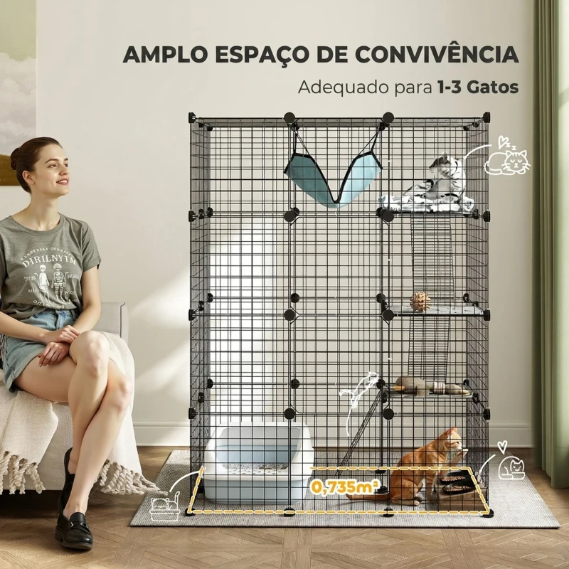 PawHut Gaiola Grande para Gatos de Interior com 49 Painéis, 4 Níveis, 5 Portas, 3 Plataformas, Rampas e Rede, DIY, 105x70x140 cm, Preto