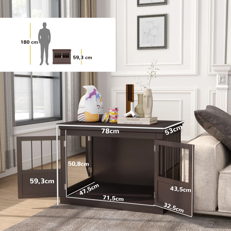 PawHut Gaiola para Cães com Mesa Auxiliar 3 Portas Francês e Fecho Magnético para Cães Pequenos 78x53x59,3 cm Castanho