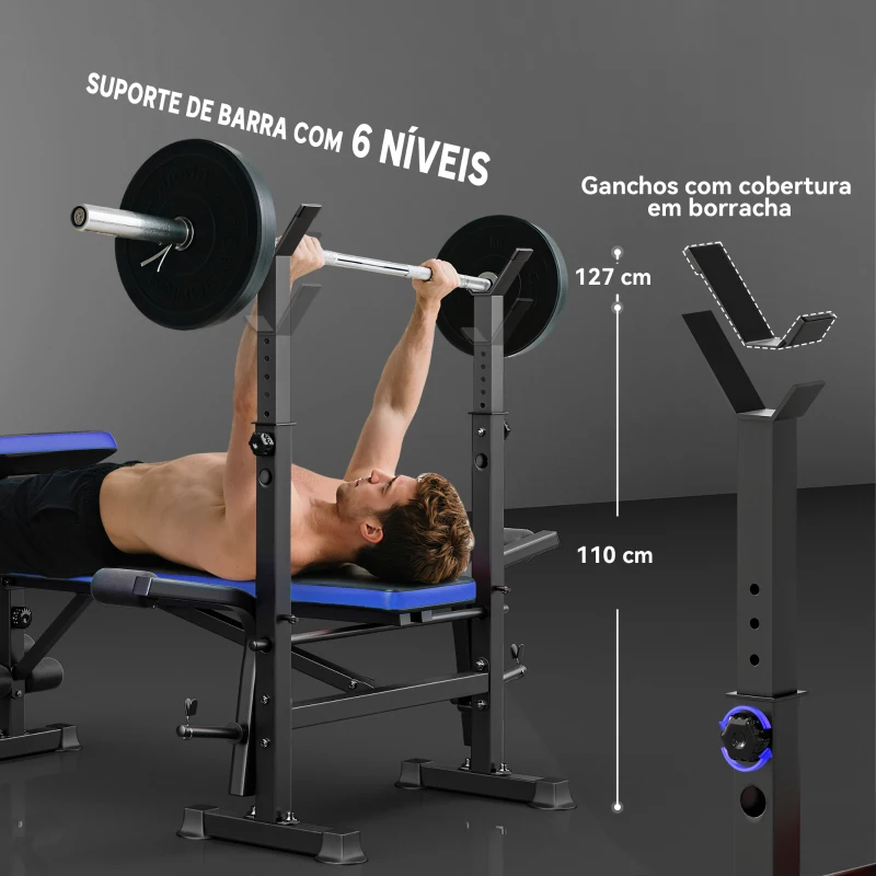 HOMCOM Banco de Musculação com Encosto Ajustável e Suporte para Barras Regulável para Treino em Casa Ginásio 175x139x127 cm Preto e Azul