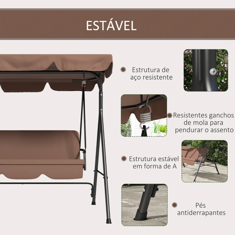 Outsunny Baloiço de Jardim de 3 Lugares com Almofada Toldo Ajustável e Estrutura de Aço para Balcão Terraço 172x110x153 cm Marróm