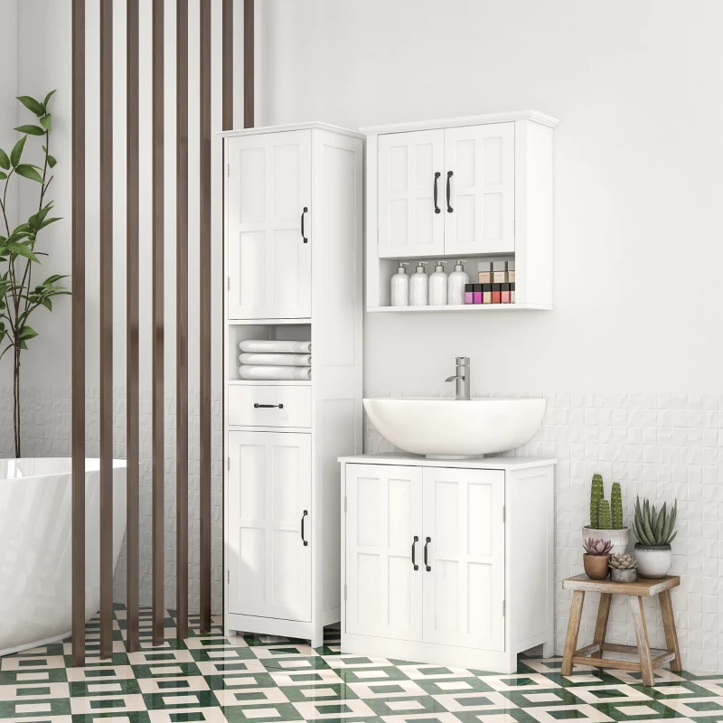 kleankin Conjunto Casa de Banho Inclui 1 Coluna para Casa de Banho 1 Móvel para Lavatório e 1 Armário de Parede Branco