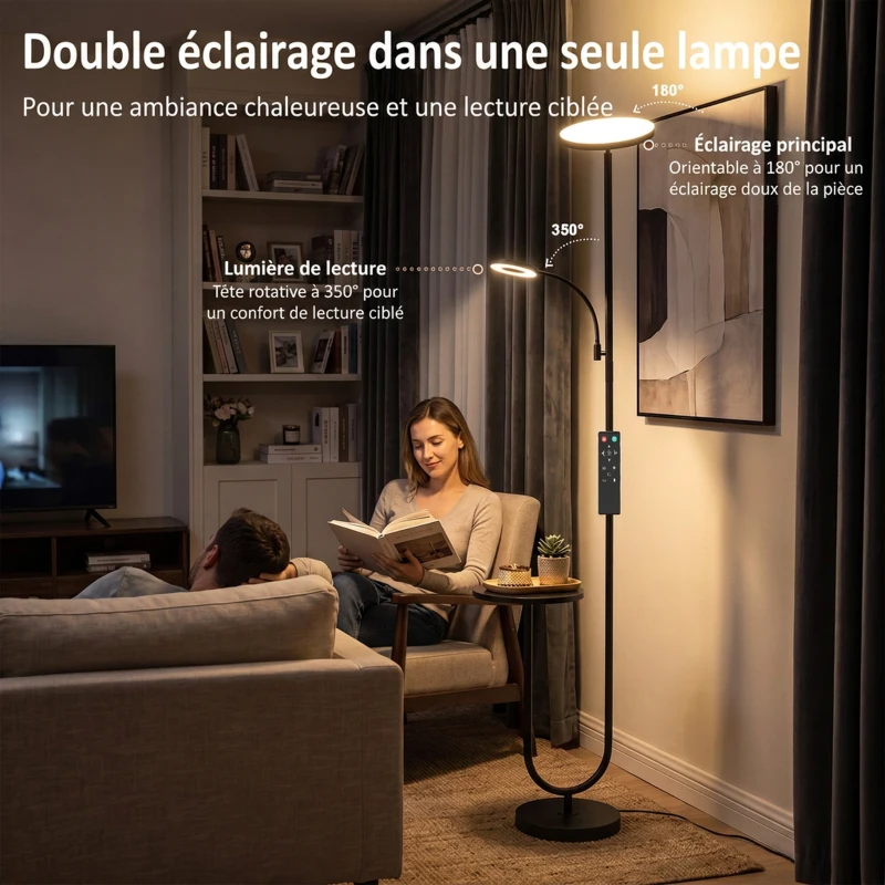 HOMCOM Lampadaire LED Dimmable 42W 4840LM Liseuse Réglable et Tablette Lampadaire sur Pied Salon 2700K-6000K Télécommande Noir