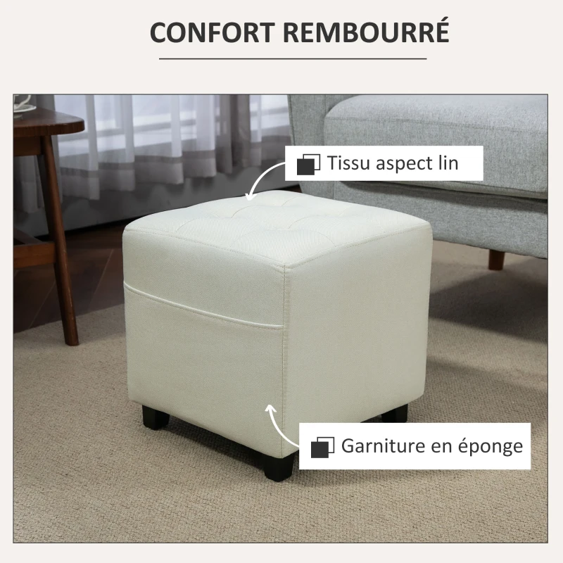 HOMCOM Repose pied salon, ottoman, siège rembourré capitonné en tissu aspect lin avec poche latérale, 35 x 35 x 35 cm, crème