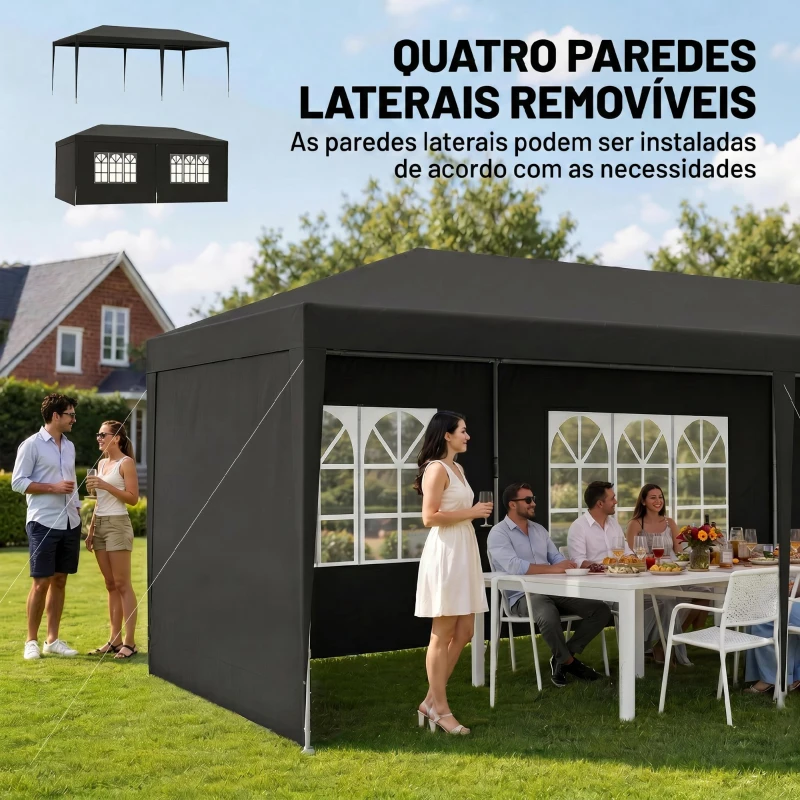 Outsunny Tenda de Jardim 6x3m com 4 Paredes Laterais e 2 Janelas Visíveis Pérgola Gazebo de Exterior para Festas e Eventos Cinzento