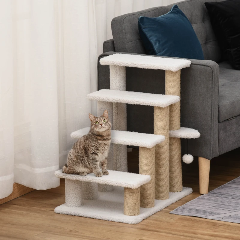 PawHut Escada para Gatos de 4 Níveis Coberta de Pelúcia Suave Poste de Juta Bola Pendurada Arranhador para Gatos 60x40x64 cm Branco