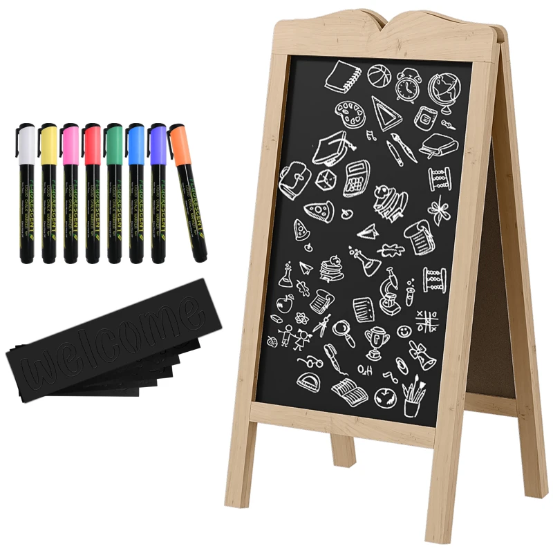 Vinsetto Mini Cavalete de Madeira Quadro Lousa Negro Magnético e Dobrável com 8 Gizes e 6 Placas de Palavras 51x42x101 cm Madeira