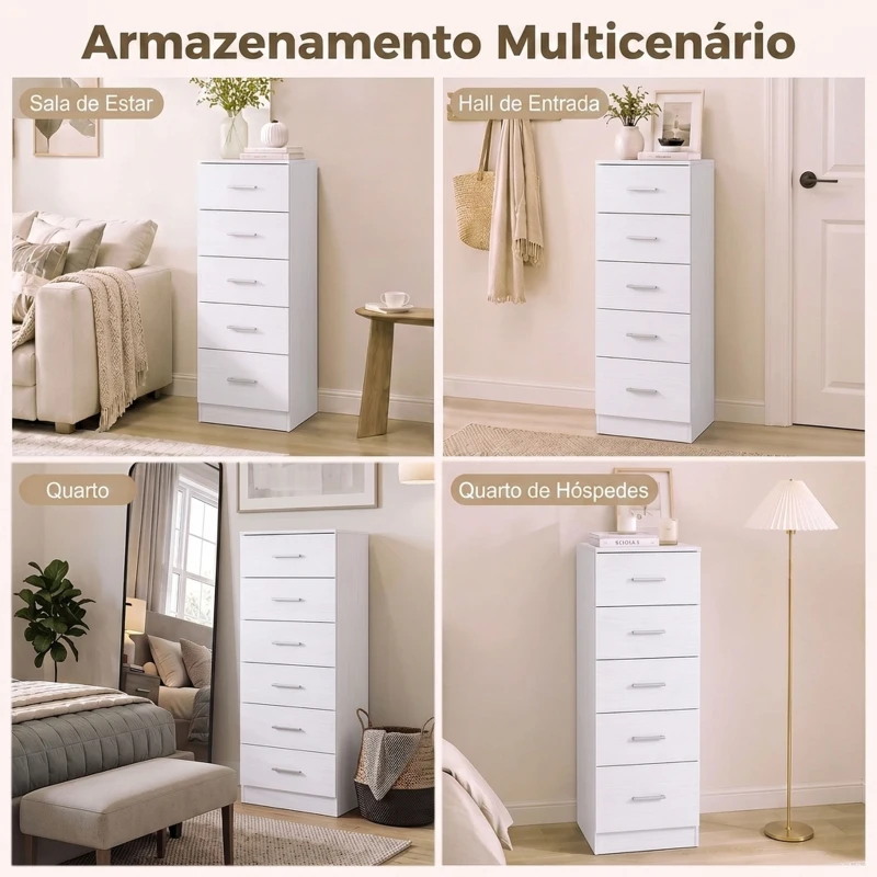 HOMCOM Cómoda de 6 Gavetas Alta para Quarto com Sistema Antitombo 40x40x110 cm Cinzento Claro e Branco