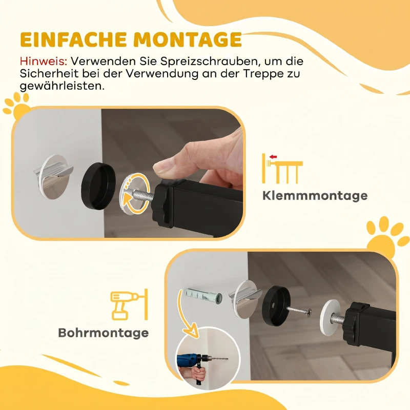 PawHut Türschutzgitter Treppenschutzgitter mit 17,5/20,3/30,5 cm Verlängerung Türgitter ohne Bohren mit Auto-Close für Breiten 74-147,5 cm Beidseitig Schwenkbar Metall Schwarz