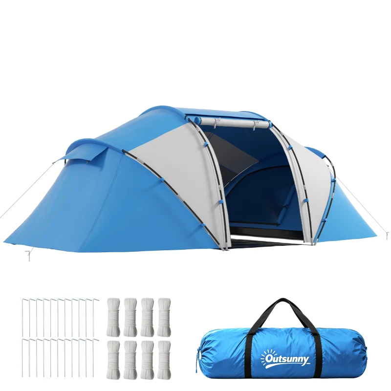 Outsunny Campingzelt für 4 Personen Groß Familienzelt mit Eingang Bodenplane, Zelt mit 2000mm Wassersäule Tunnelzelt Kuppelzelt für Camping Reise Trekking Garten, Blau