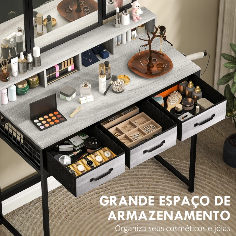 HOMCOM Toucador de Maquilhagem com Espelho Tríptico Removível, Banco Prateleiras e Suporte para Secador 90x40x141 cm Cinzento