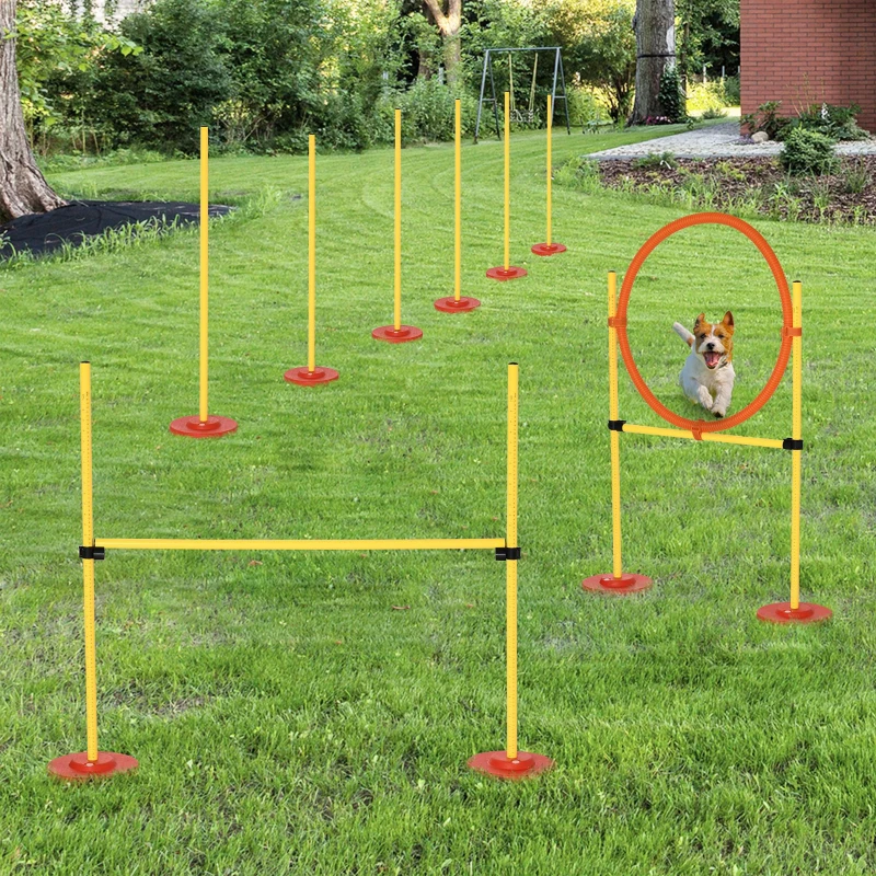 PawHut Treino de Agilidade para Cães de 3 Peças Kit Agility com Obstáculos de Salto Aro Poste com Altura Ajustável  Amarelo