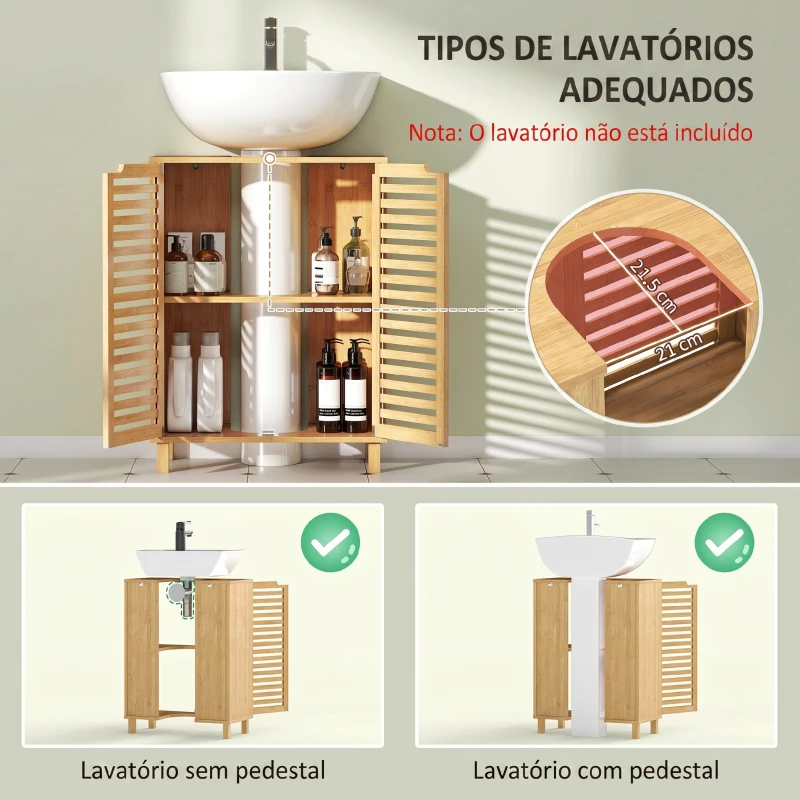 HOMCOM Móvel para Lavatório Pousar de Bambu com Prateleira Ajustável para Lavatórios com ou sem Pedestal 60x30x80 cm Madeira