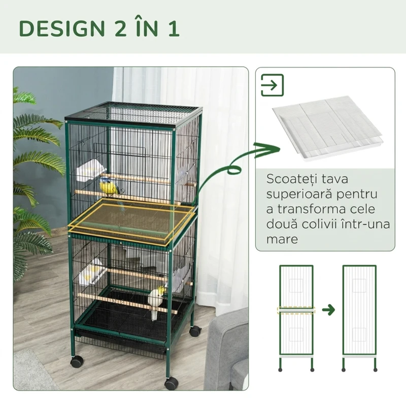 PawHut Colivie volieră de interior pentru păsări, cu roți și tăvi detașabile, 51,5x50x140 cm, verde închis