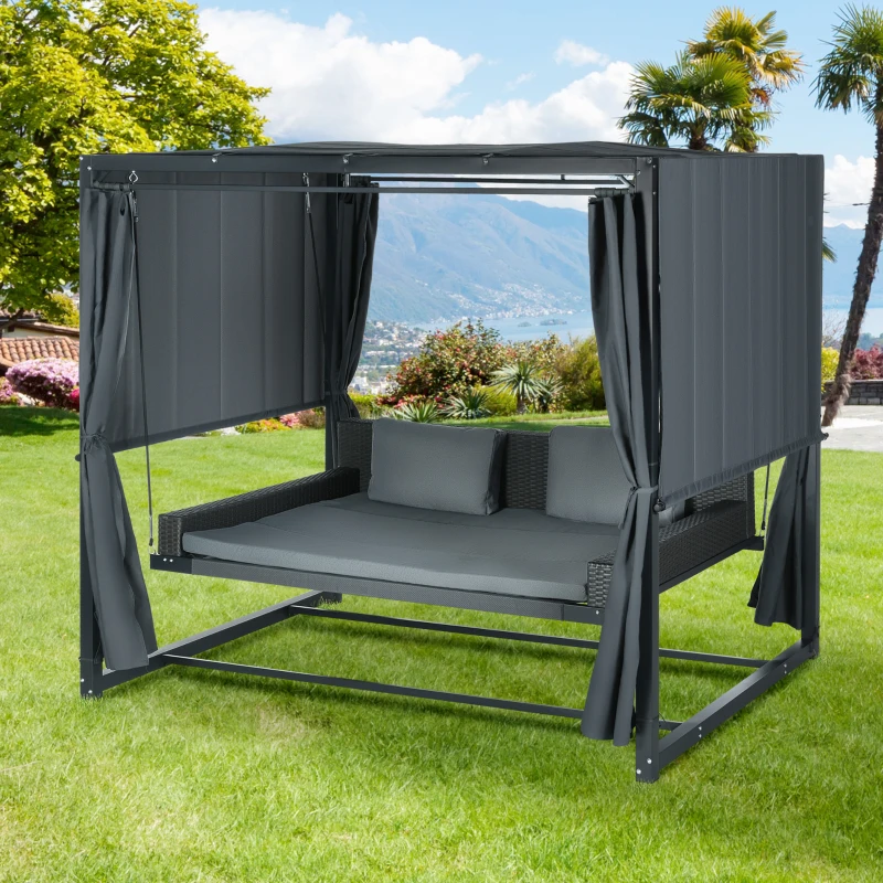Outsunny Outdoor-Schaukelbett aus PE-Rattan mit Baldachin, inkl. Kissen, wetterbeständig, 235 cm x 180 cm x 210 cm, Grau