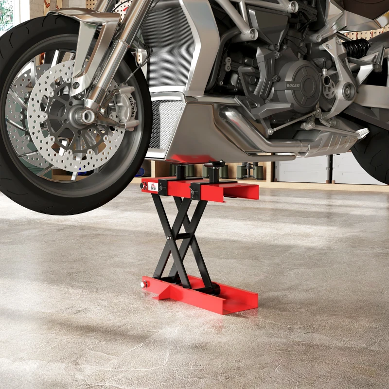 HOMCOM Cric moto din oțel, capacitate 500 kg, pliabil cu înălțime reglabilă și manivelă, roșu