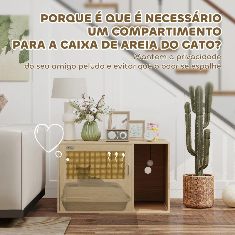 PawHut Móvel Caixa de Areia para Gatos Caixa de Areia para Gatos com Tapete de Arranhar e Porta de Vime 80x50x50 cm Branco