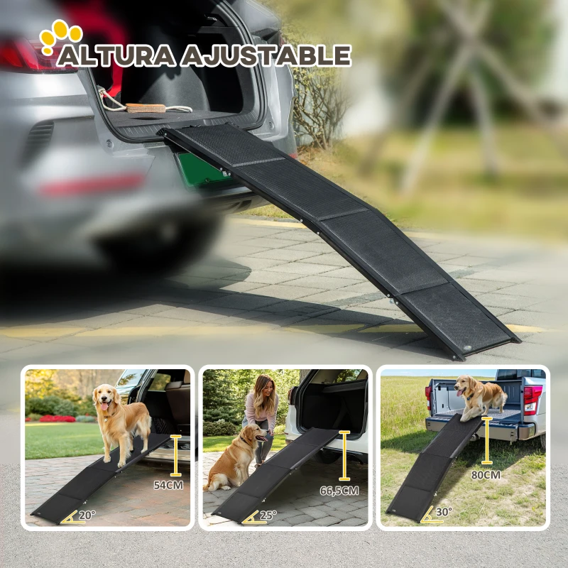PawHut Rampa Plegable para Perros de Aluminio con Superficie Antideslizante Asa y Gancho Carga 80 kg  158x43,5x2,5 cm Negro