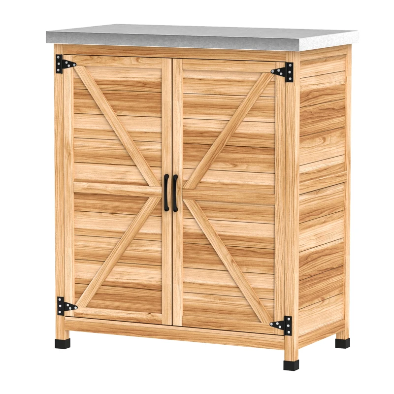 Outsunny Dulap Exterior cu Raft Intern și Banc de Lucru, din Lemn și Oțel Zincat, 79x43x92 cm, culoare lemn