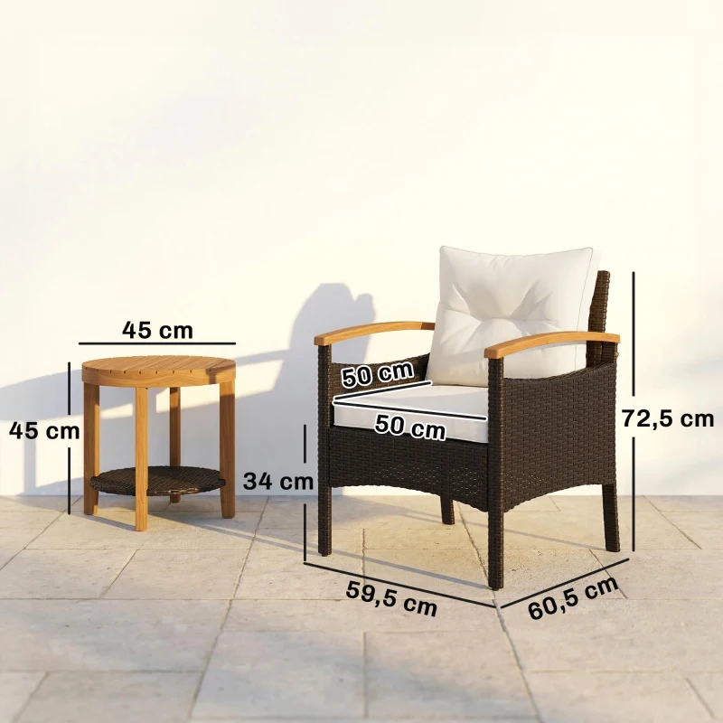 Outsunny Rattan Bistroset 3 teiliges FSC Gartenmöbel-Set mit 2 Sessel, 2-Ebene Holz-Tisch, dicke waschbare Kissen