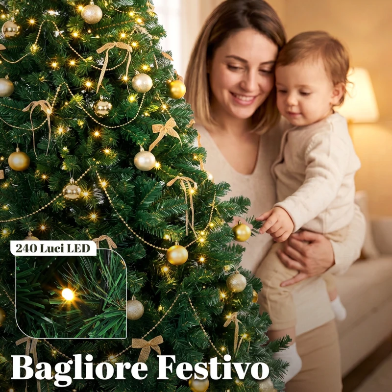 HOMCOM Albero di Natale Artificiale 180cm con 240 Luci LED, 755 Rami in PVC, Stella, Palline, Fiocchi, Verde
