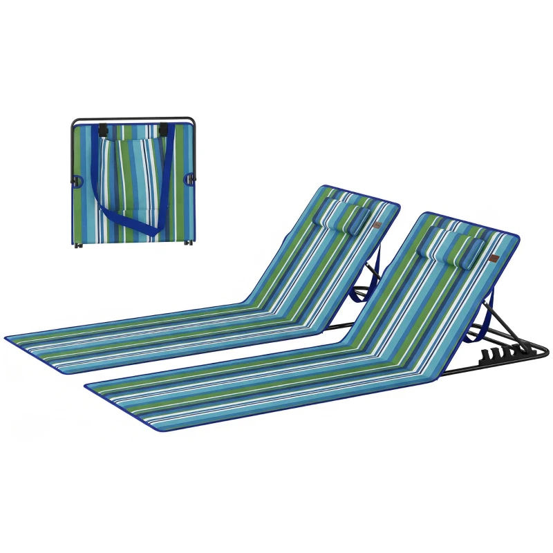 Outsunny 2er Set Strandmatte mit Verstellbarer Rückenlehne klappbar leicht Strandliege mit Kopfkissen Aufbewahrungstasche