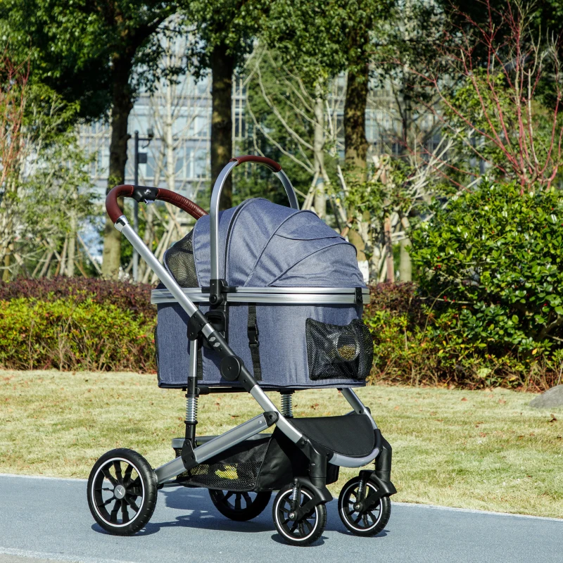 PawHut Hundewagen 3 in 1 Hundebuggy klappbar für Katzen bis 10 kg Katzenbuggy mit Kissen Becherhalter Dunkelblau(m-10)