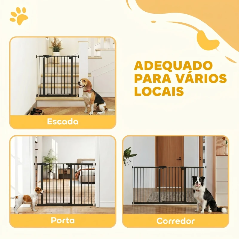 PawHut Barreira de Segurança Extensível para Portas e Escadas com Fechamento Automático e Sistema de Duplo Bloqueio 74-147,5x76,2 cm Preto