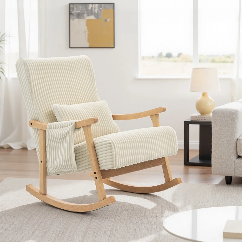 HOMCOM Poltrona Baloiço Moderna em Veludo Cotelê com Apoio para os Braços Almofada Lombar e Bolso Poltrona de Amamentação 65x90x98 cm Bege