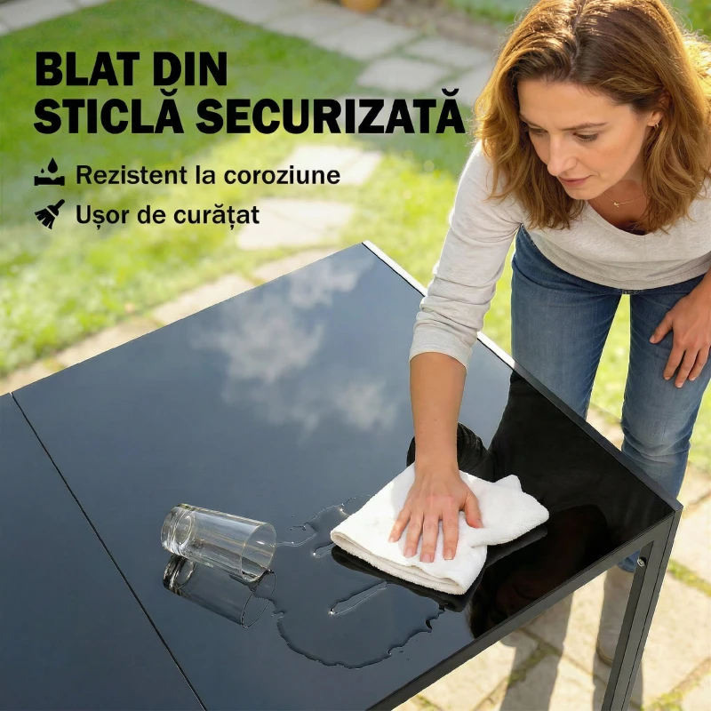 Outsunny Set Masă și Scaune de Grădină 7 Piese, Set pentru Prânz în Aer Liber cu Masă Dreptunghiulară din Sticlă Securizată, 6 Scaune, Perne, Cadru din Oțel Zincat pentru Terasă Balcon, Negru