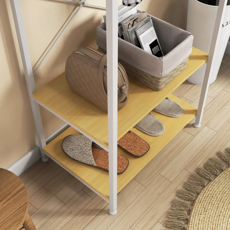 HOMCOM Suporte para Cabide com Barra Suspensa e 2 Estantes para 6 Pares de Sapatos para Entrada 60x40x167,5 cm Natural e Branco
