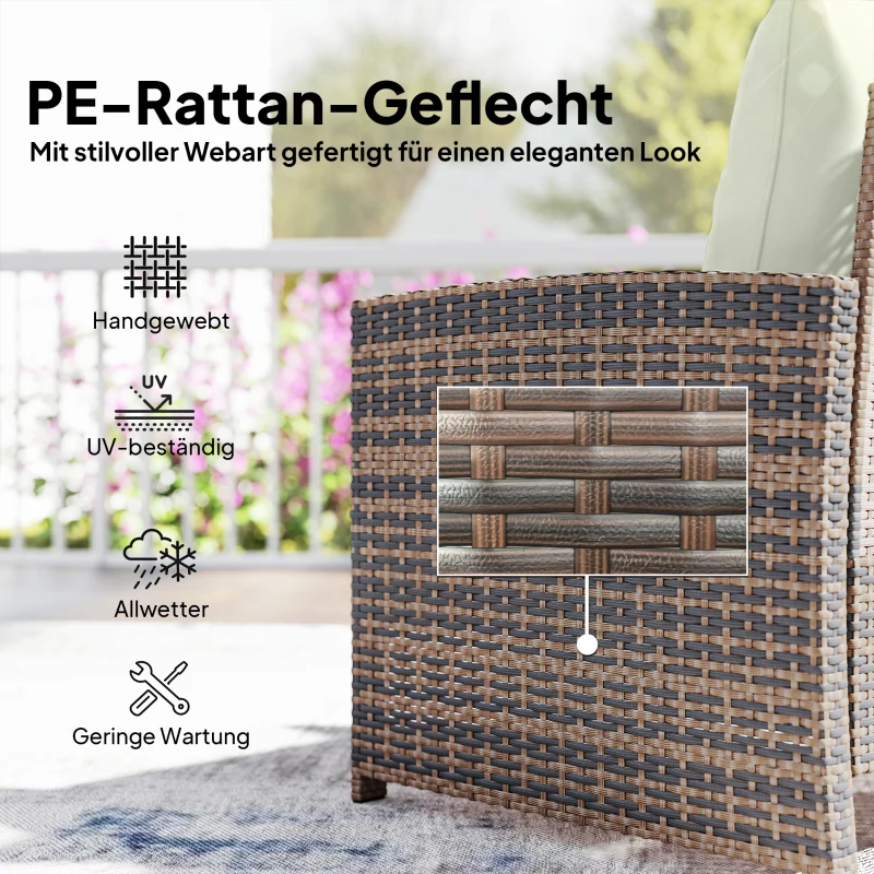 Outsunny Rattan Gartenmöbel Set 5-teiliges Balkonmöbel Set mit 2 Stühle Kissen Hocker Tisch Staufach Cremeweiß