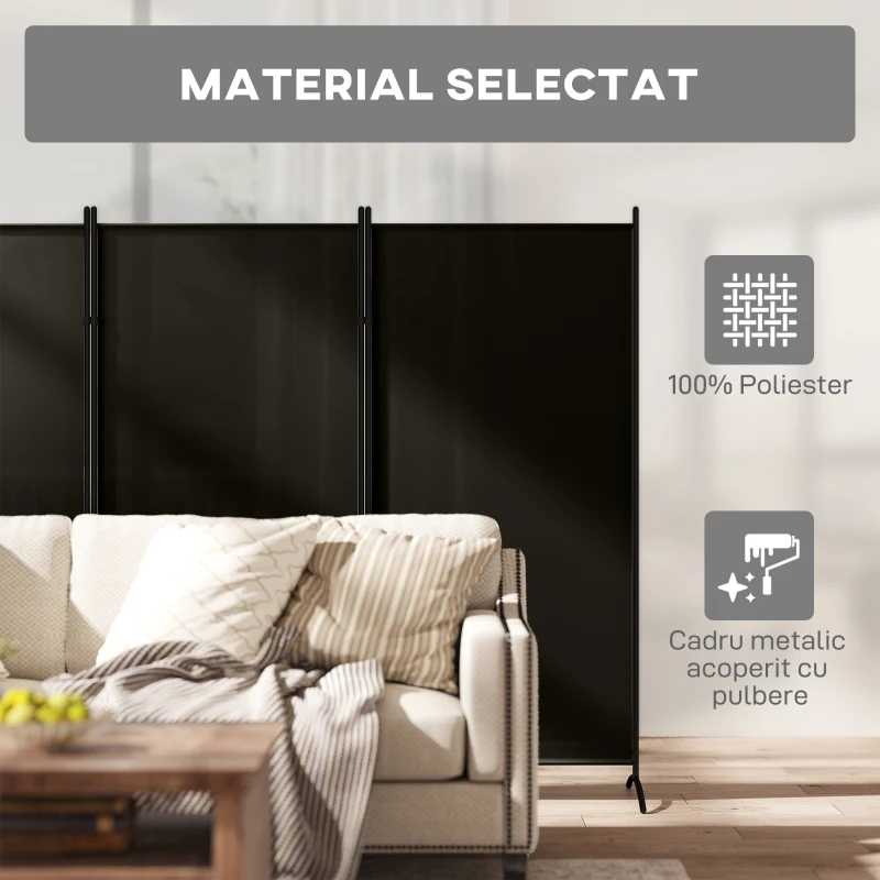 HOMCOM Paravan pliabil de interior cu 3 panouri, realizat din metal și poliester, 253x50x182 cm, negru
