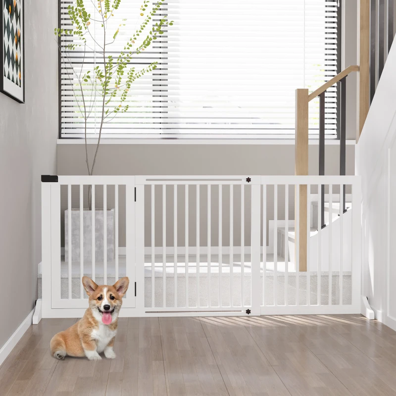 PawHut Barreira de Segurança Extensível 3 Peças com Estrutura de Madeira e Suporte de Pé 113-166x36x71cm Branco