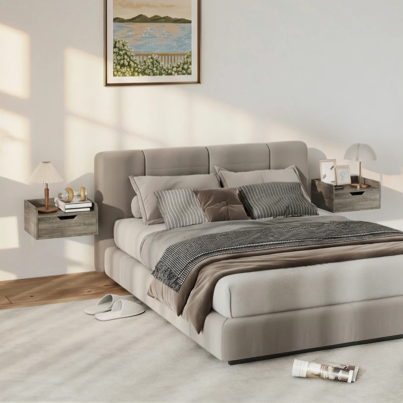 HOMCOM Lot de 2 tables de chevet murales, tables de nuit avec tiroir et plateau à rebords surélevés, 40x30x19,5cm, gris