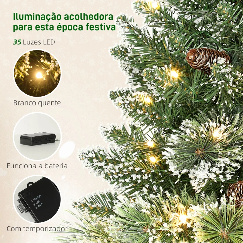 HOMCOM Mini Árvore de Natal Artificial com 35 Luzes LED 60 cm 64 Ramos com Neve Pinha Bagas e Base de Saco de Juta Ø41x60 cm Verde