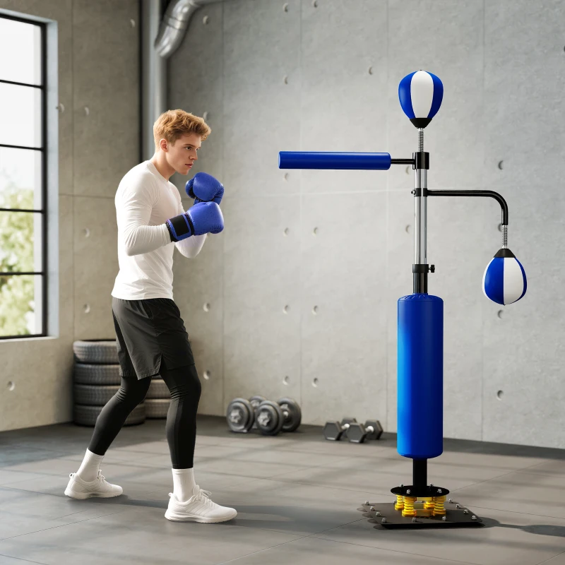 SPORTNOW Boxstand, zwei Speedballs, drehbare Boxstange, Kickpolster, höhenverstellbar, Stahl, 107 x 36 x 140-205 cm, Blau