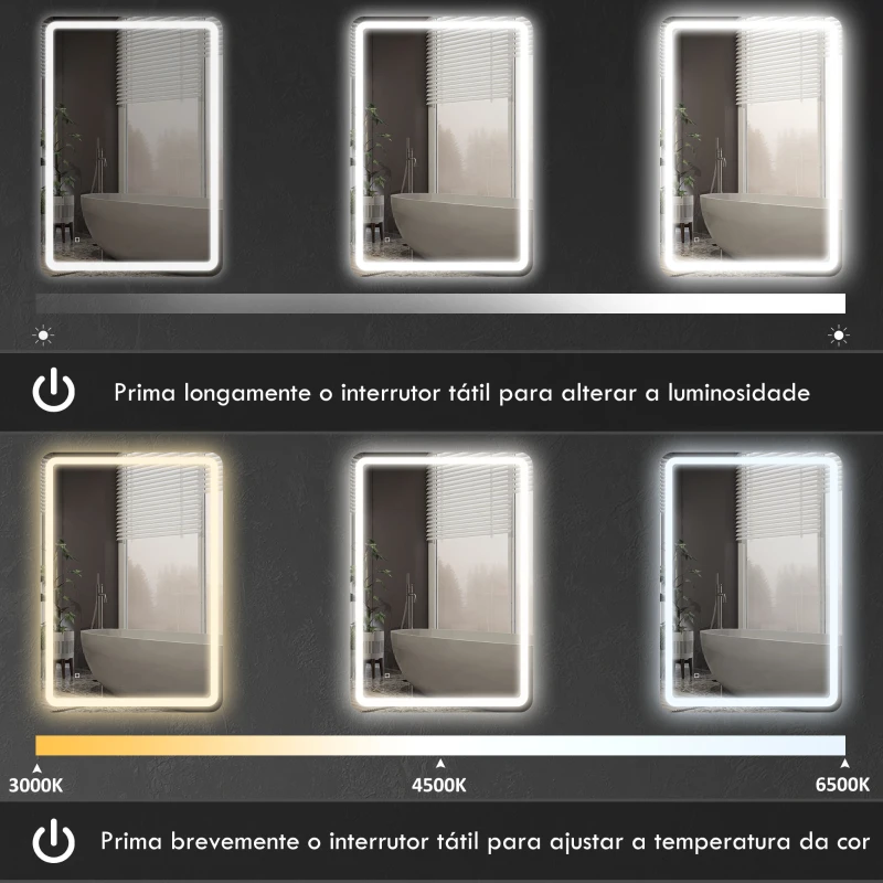 HOMCOM Espelho Casa de Banho com Luzes LED 70x100 cm Função Antiembaciamento 3 Temperaturas de Cor Ajustável e Função de Memória Prata