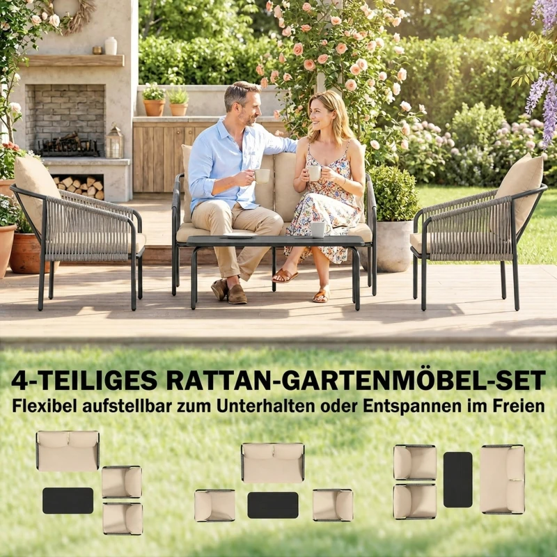 Outsunny Gartenmöbel Set 4-teilig Polyrattan Lounge-Set mit Zweisitzer 2 Sessel Couchtisch abnehmbar Kissen Bindebändern