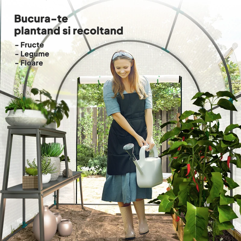 Outsunny Seră Tip Tunel pentru Grădină 1.8x1.8x2 m din Oțel și PE Anti-UV cu Uși Rulabile și Ferestre, Albă
