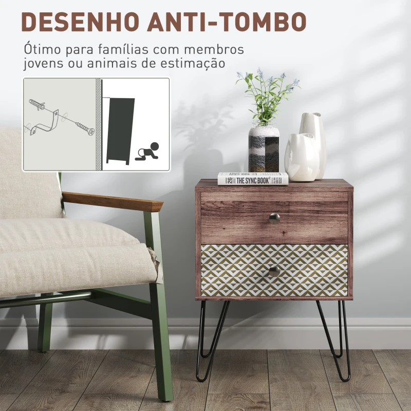 HOMCOM Mesa de Cabeceira com 2 Gavetas Pés de Aço Estilo Boémio Mesa de Cabeceira para Quarto Sala de Estar 45x39x55,5 cm Marrom