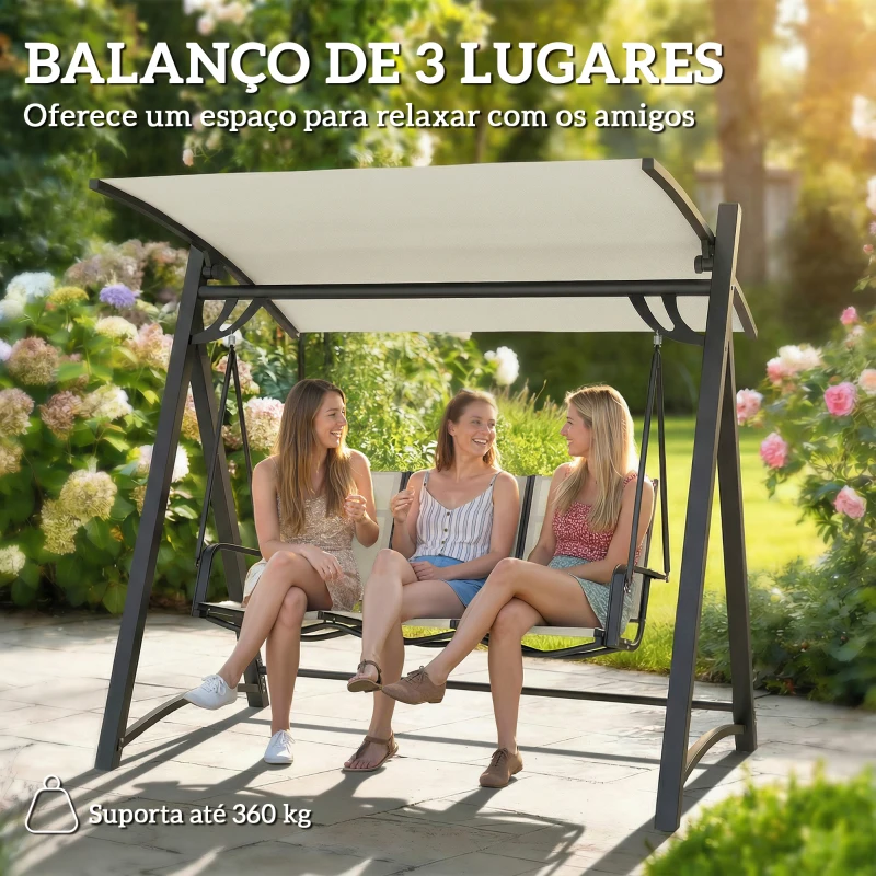 Outsunny Baloiço de Jardim de 3 Lugares com Teto Ajustável UPF50+ Assento Transpirável e Estrutura em Metal 188x130x183 cm Creme