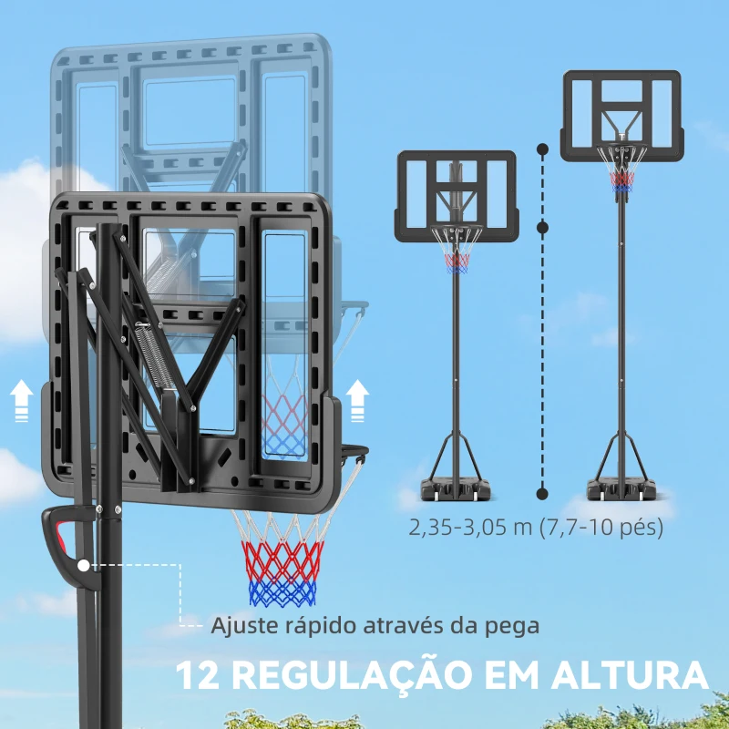 SPORTNOW Tabela de Basquetebol de Exterior com Altura Ajustável Suporte Rodas Base Recarregável e Bolsa de Peso 90x60x305 cm Preto