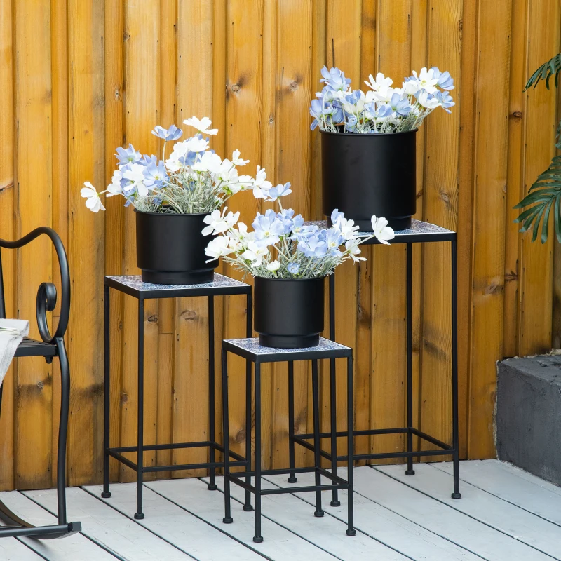 Outsunny Suporte para Vasos de Metal 3 Peças Empilháveis Suporte para Plantas com Bancada de Azulejo Decorativa para Interiores e Exteriores 31,5x31,5x60,5 cm Azul e Preto